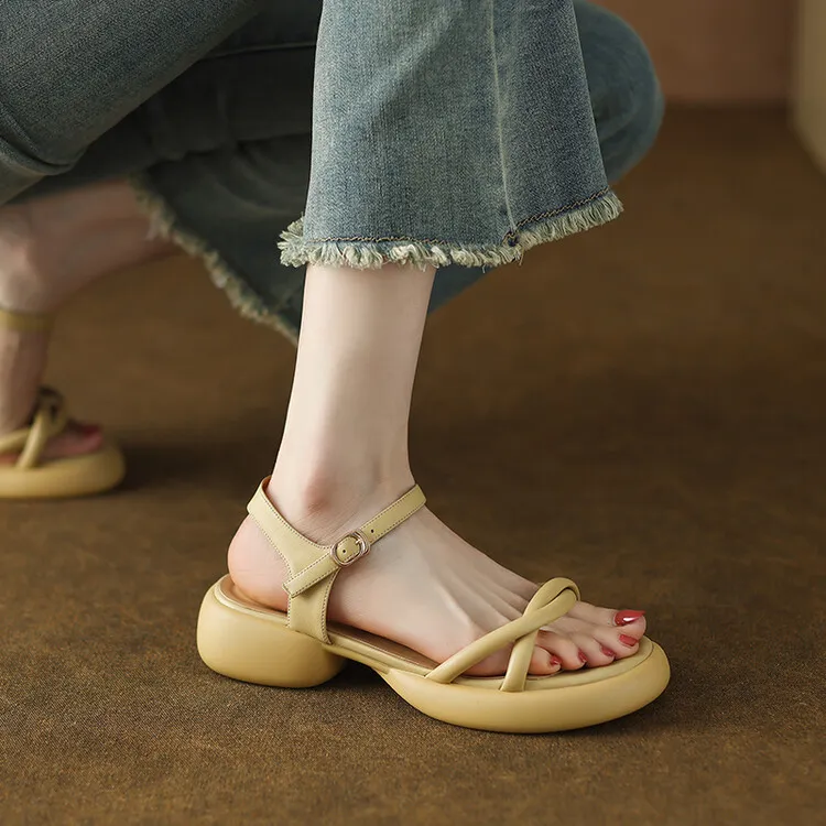 Women's platform open-toe sandals, made of cowhide, summer fashion, one-strap sandals, 5-23a