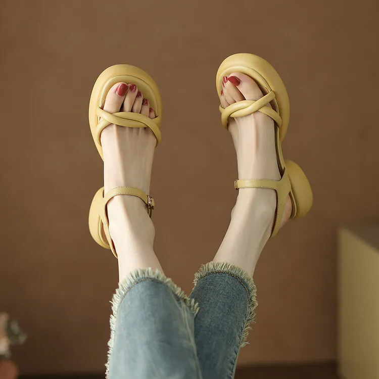 Women's platform open-toe sandals, made of cowhide, summer fashion, one-strap sandals, 5-23a