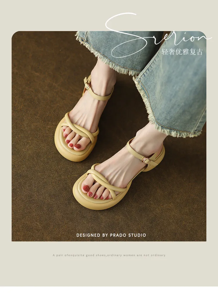 Women's platform open-toe sandals, made of cowhide, summer fashion, one-strap sandals, 5-23a