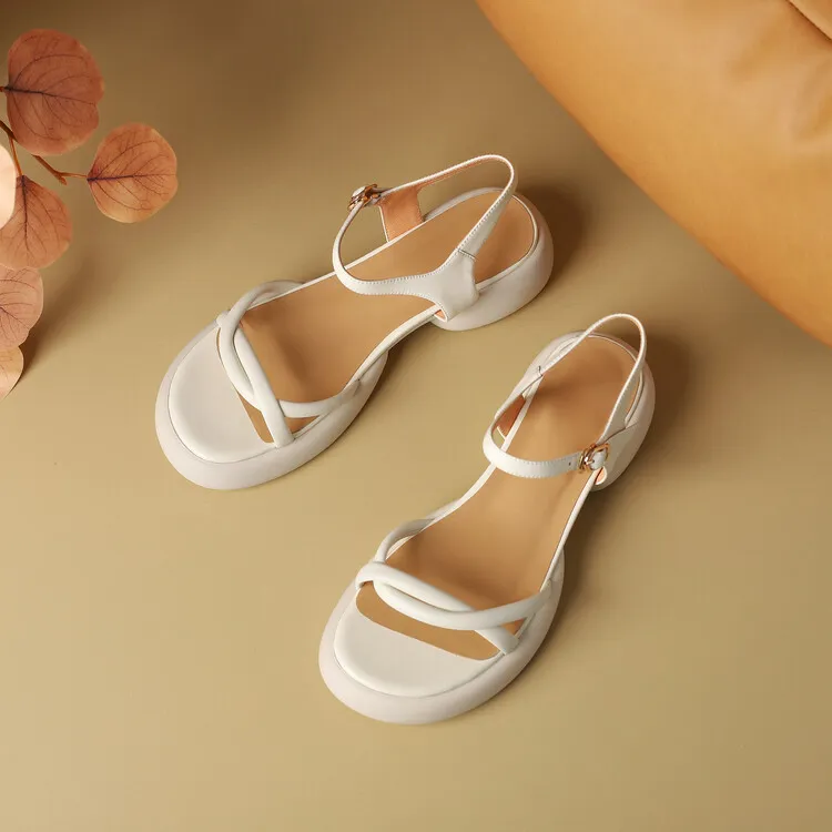 Women's platform open-toe sandals, made of cowhide, summer fashion, one-strap sandals, 5-23a