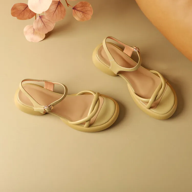 Women's platform open-toe sandals, made of cowhide, summer fashion, one-strap sandals, 5-23a
