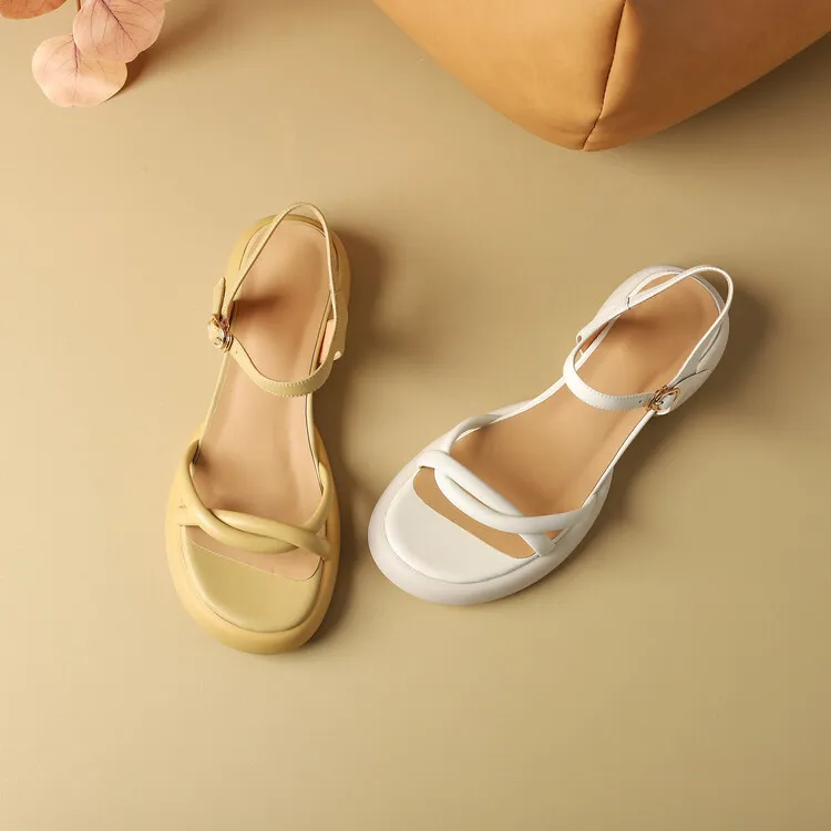 Women's platform open-toe sandals, made of cowhide, summer fashion, one-strap sandals, 5-23a
