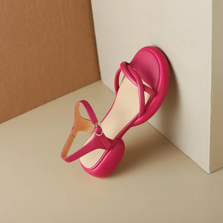 Women's platform open-toe sandals, made of cowhide, summer fashion, one-strap sandals, 5-23a