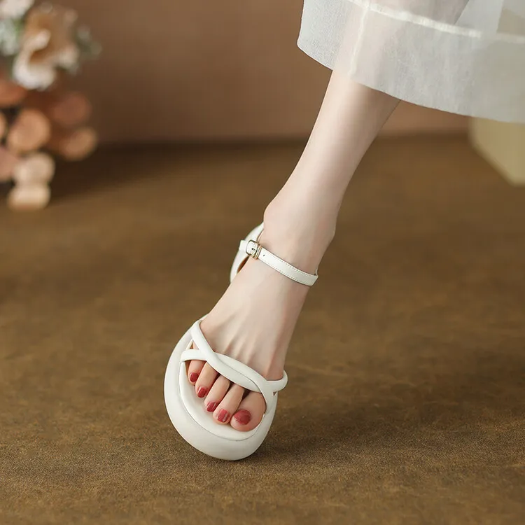 Women's platform open-toe sandals, made of cowhide, summer fashion, one-strap sandals, 5-23a