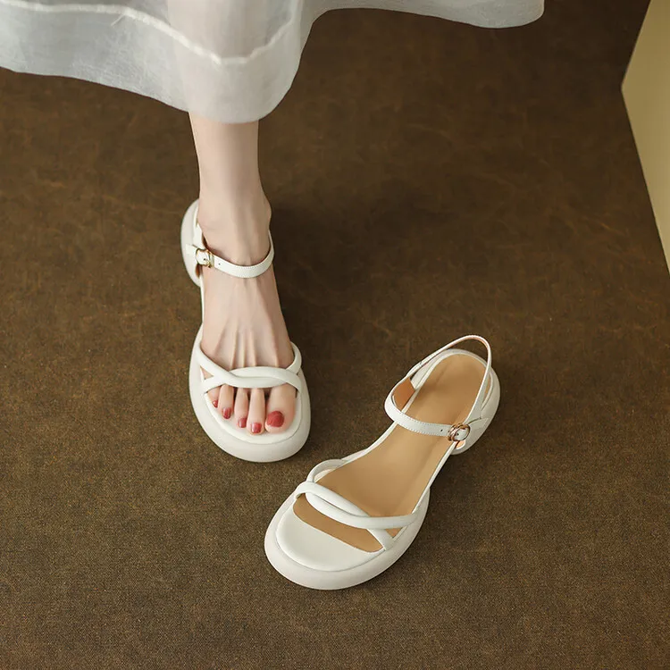 Women's platform open-toe sandals, made of cowhide, summer fashion, one-strap sandals, 5-23a