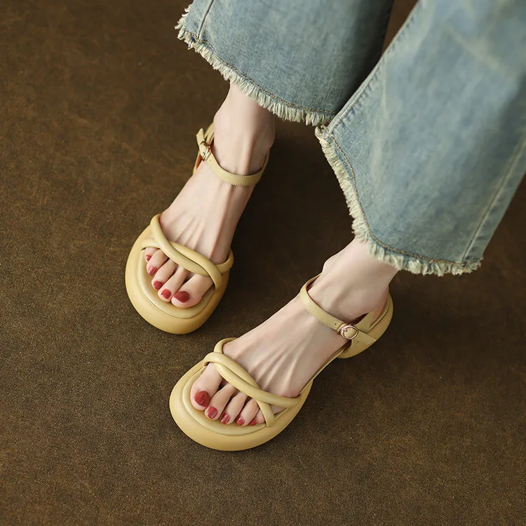 Women's platform open-toe sandals, made of cowhide, summer fashion, one-strap sandals, 5-23a