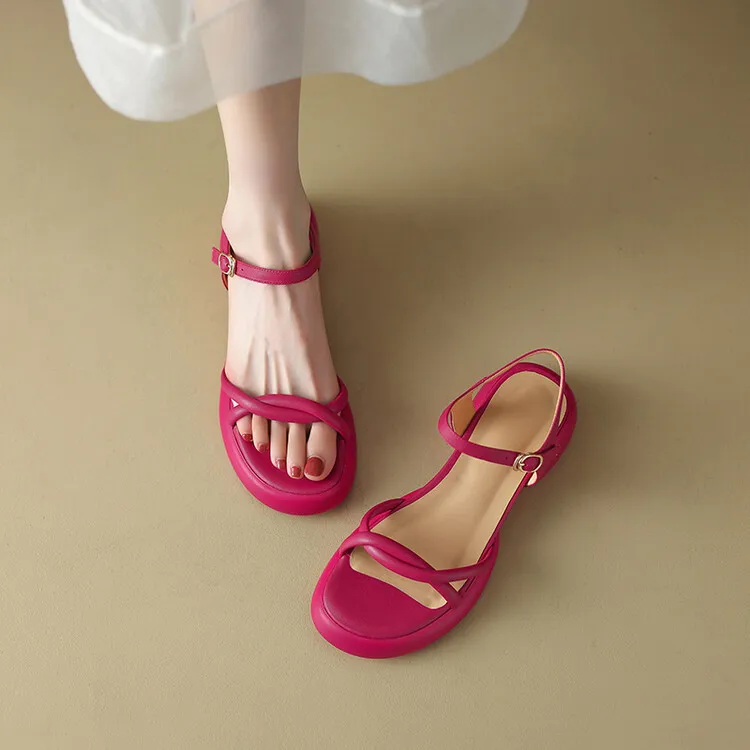 Women's platform open-toe sandals, made of cowhide, summer fashion, one-strap sandals, 5-23a