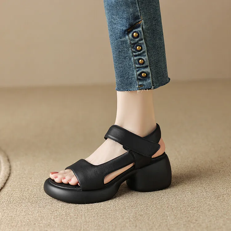 2023 Summer Lambskin Thick-Soled Velcro Casual Sandals, Platform Sole, Open Toe Women's Shoes 5-23b
