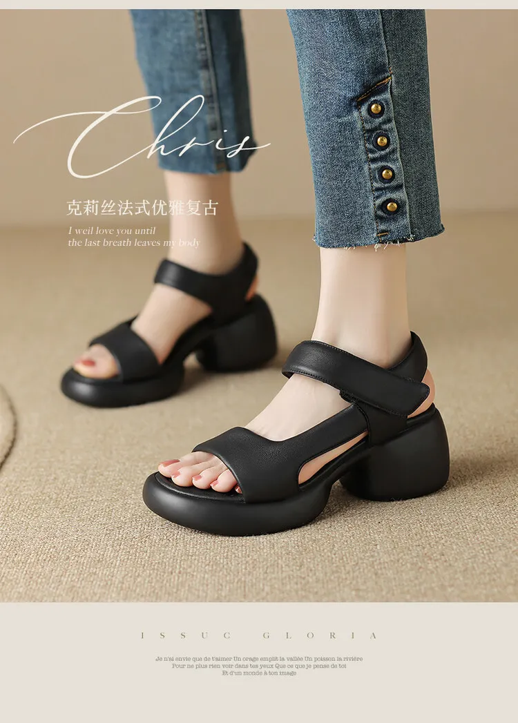 2023 Summer Lambskin Thick-Soled Velcro Casual Sandals, Platform Sole, Open Toe Women's Shoes 5-23b