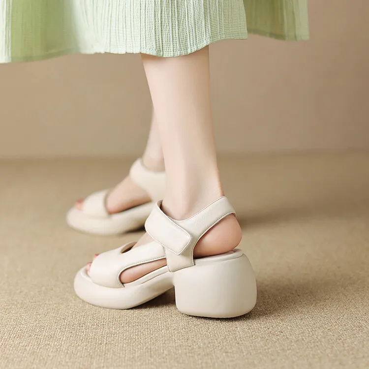 2023 Summer Lambskin Thick-Soled Velcro Casual Sandals, Platform Sole, Open Toe Women's Shoes 5-23b