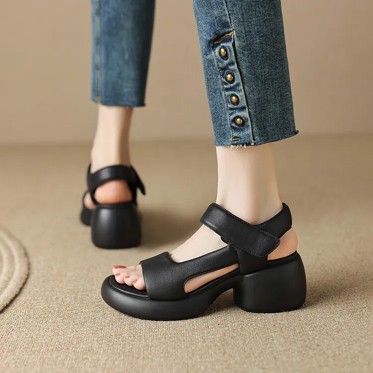 2023 Summer Lambskin Thick-Soled Velcro Casual Sandals, Platform Sole, Open Toe Women's Shoes 5-23b