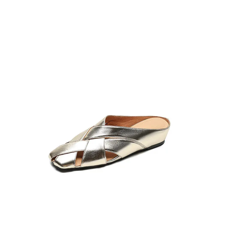 Women's summer French-style flat sandals, woven cowhide with openwork design and hidden platform, 5-23x