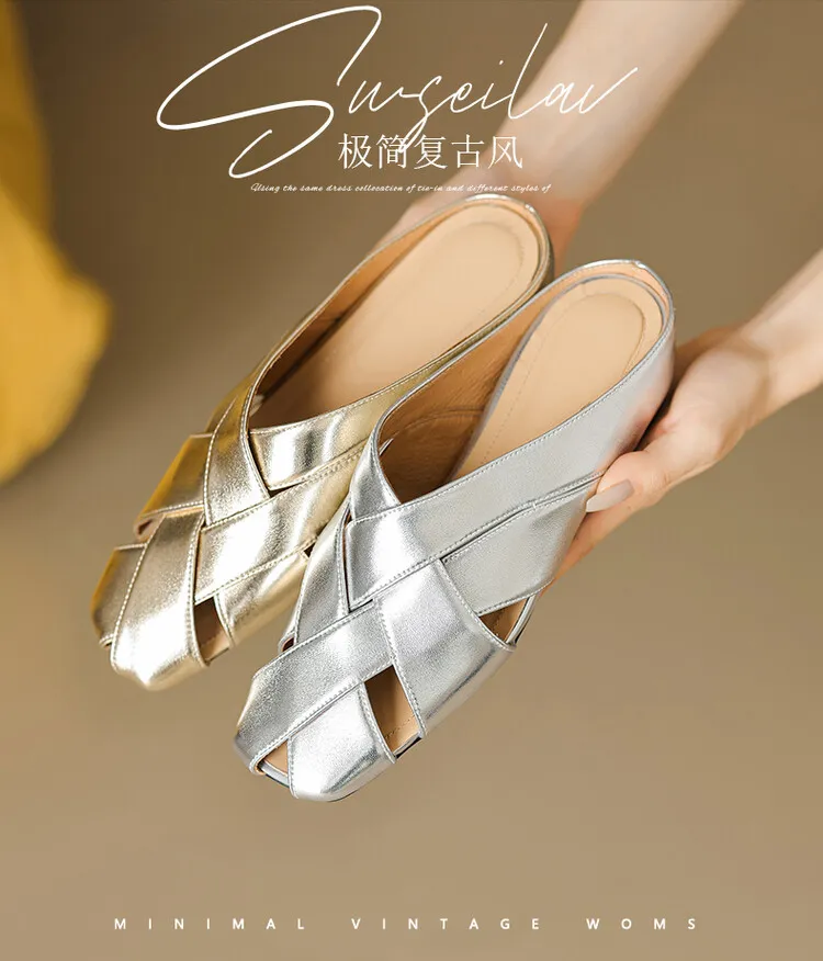 Women's summer French-style flat sandals, woven cowhide with openwork design and hidden platform, 5-23x