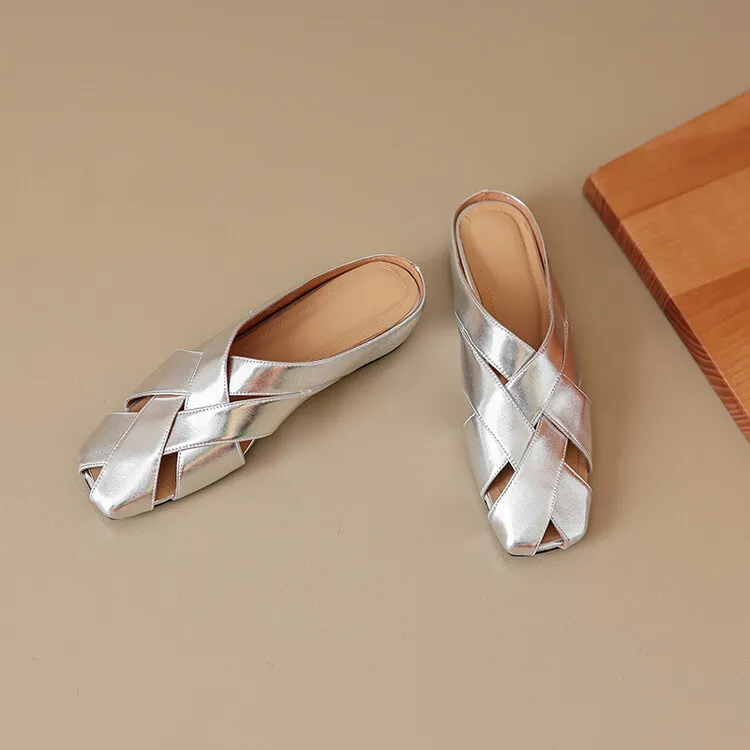 Women's summer French-style flat sandals, woven cowhide with openwork design and hidden platform, 5-23x