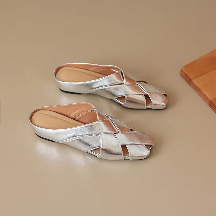 Women's summer French-style flat sandals, woven cowhide with openwork design and hidden platform, 5-23x
