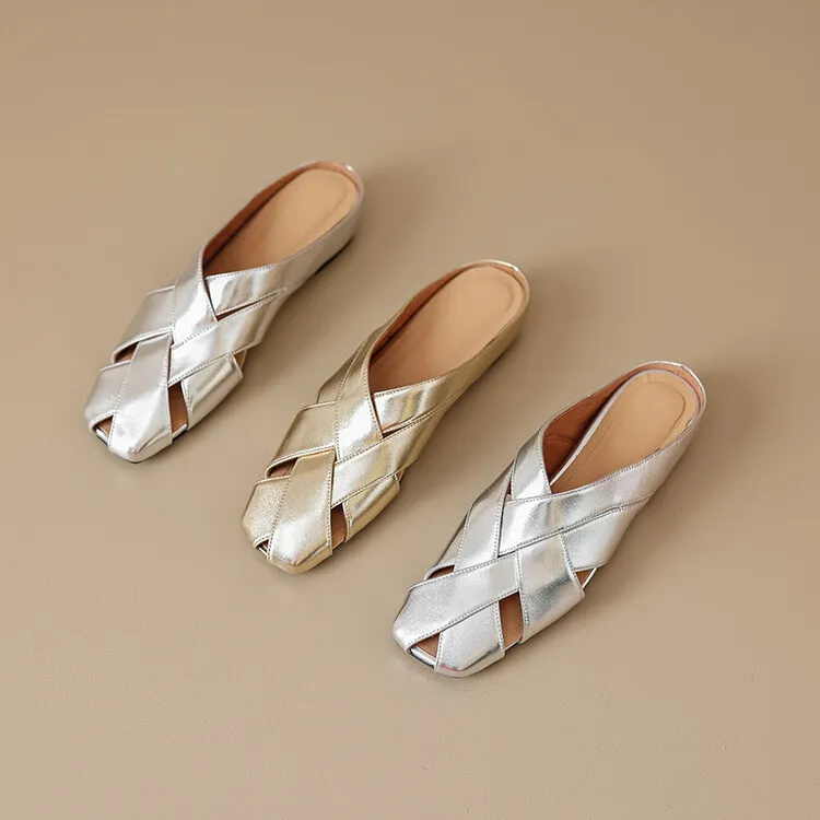 Women's summer French-style flat sandals, woven cowhide with openwork design and hidden platform, 5-23x