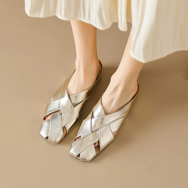 Women's summer French-style flat sandals, woven cowhide with openwork design and hidden platform, 5-23x