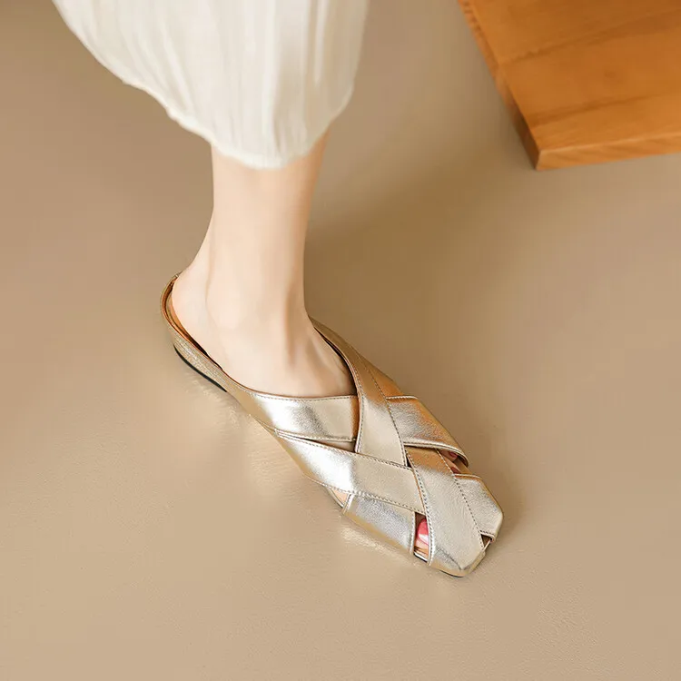 Women's summer French-style flat sandals, woven cowhide with openwork design and hidden platform, 5-23x