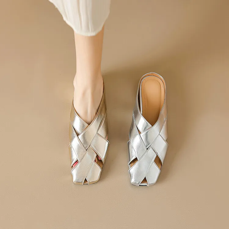 Women's summer French-style flat sandals, woven cowhide with openwork design and hidden platform, 5-23x