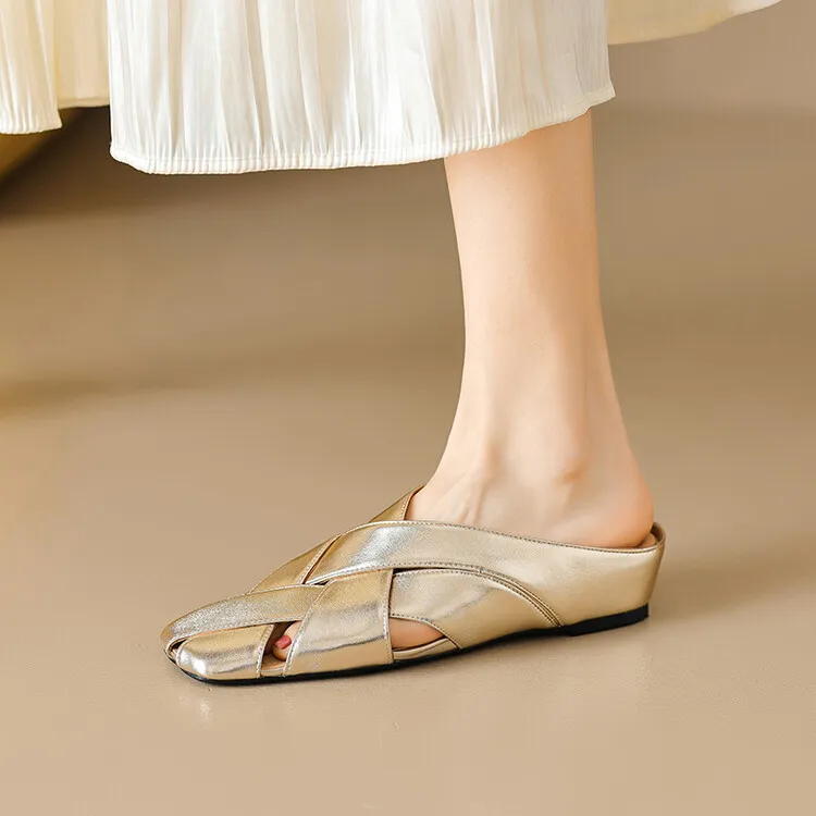 Women's summer French-style flat sandals, woven cowhide with openwork design and hidden platform, 5-23x