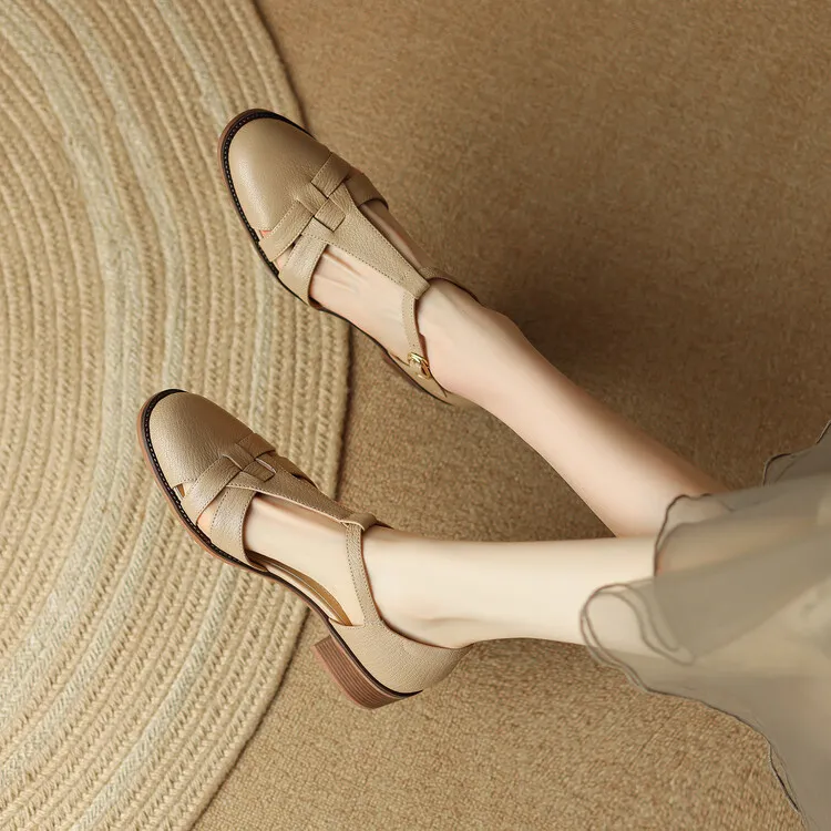 Retro sheepskin closed-toe Roman sandals for women, summer chunky heel, mid-heel, openwork woven clogs, size 5-27L