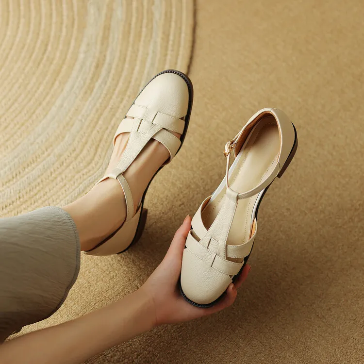 Retro sheepskin closed-toe Roman sandals for women, summer chunky heel, mid-heel, openwork woven clogs, size 5-27L
