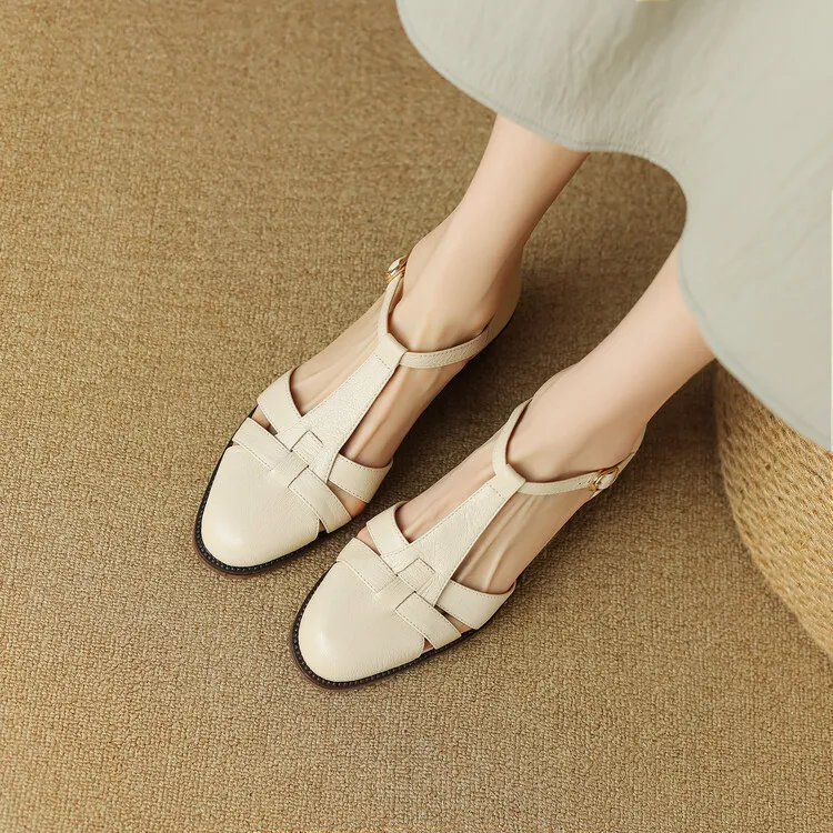 Retro sheepskin closed-toe Roman sandals for women, summer chunky heel, mid-heel, openwork woven clogs, size 5-27L