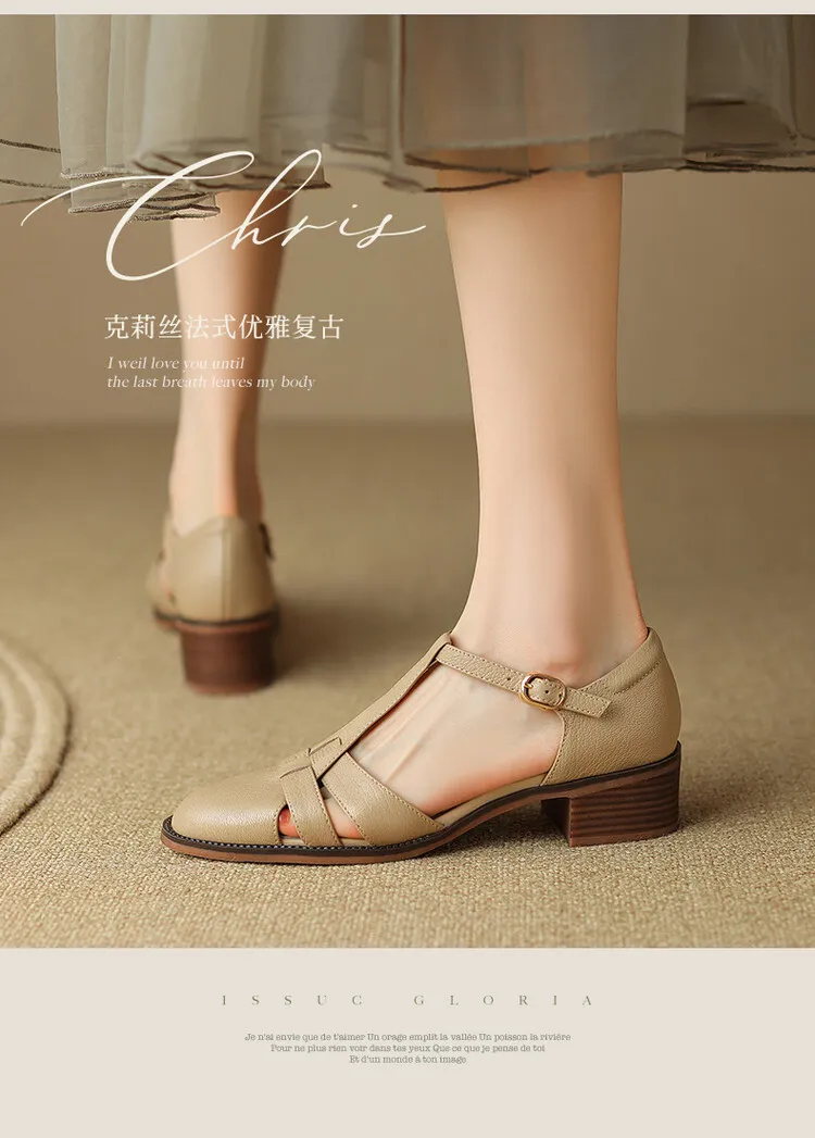 Retro sheepskin closed-toe Roman sandals for women, summer chunky heel, mid-heel, openwork woven clogs, size 5-27L