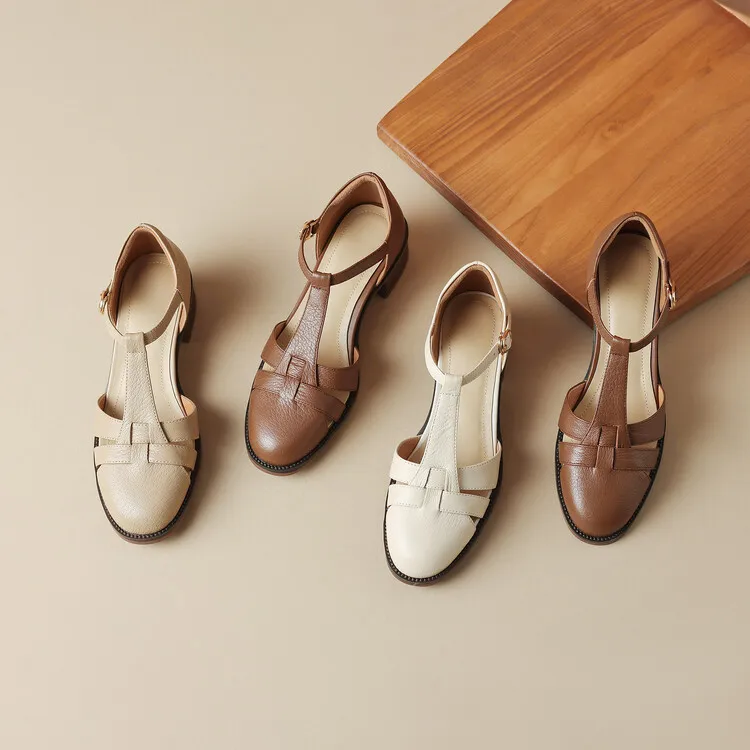 Retro sheepskin closed-toe Roman sandals for women, summer chunky heel, mid-heel, openwork woven clogs, size 5-27L