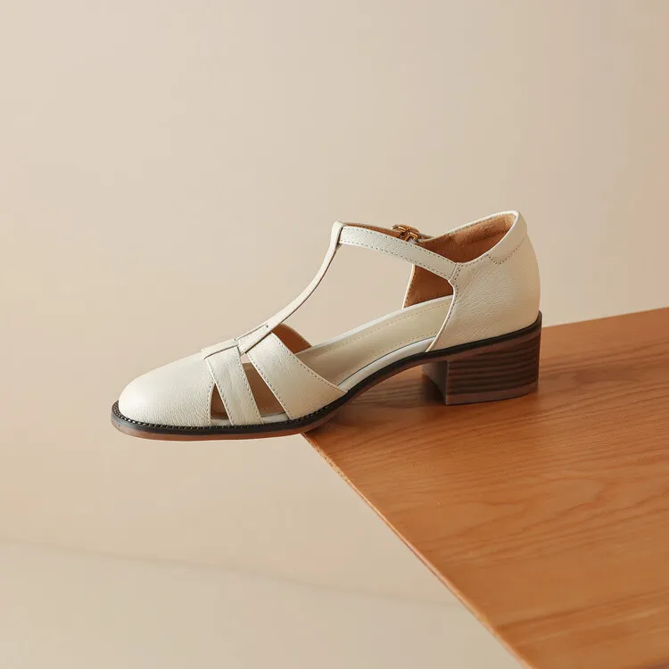 Retro sheepskin closed-toe Roman sandals for women, summer chunky heel, mid-heel, openwork woven clogs, size 5-27L