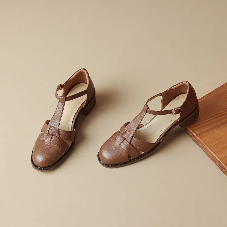 Retro sheepskin closed-toe Roman sandals for women, summer chunky heel, mid-heel, openwork woven clogs, size 5-27L