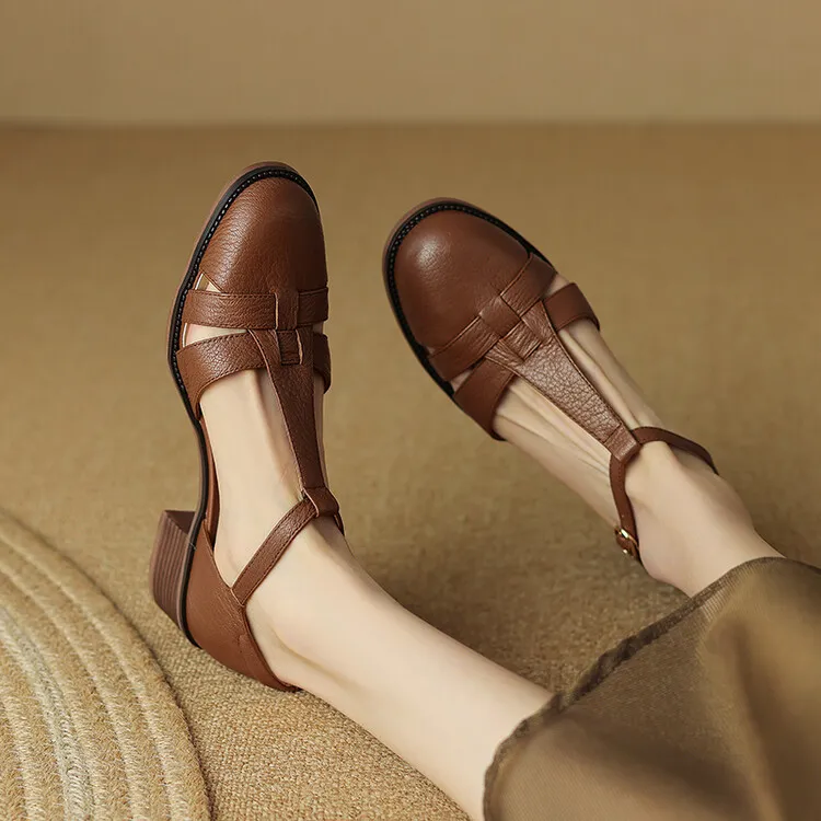 Retro sheepskin closed-toe Roman sandals for women, summer chunky heel, mid-heel, openwork woven clogs, size 5-27L