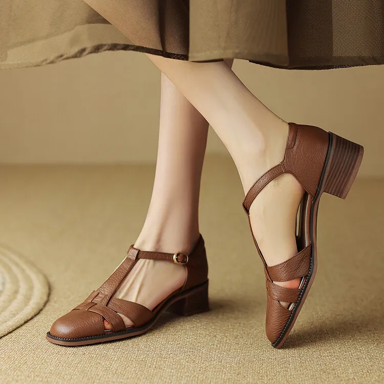 Retro sheepskin closed-toe Roman sandals for women, summer chunky heel, mid-heel, openwork woven clogs, size 5-27L