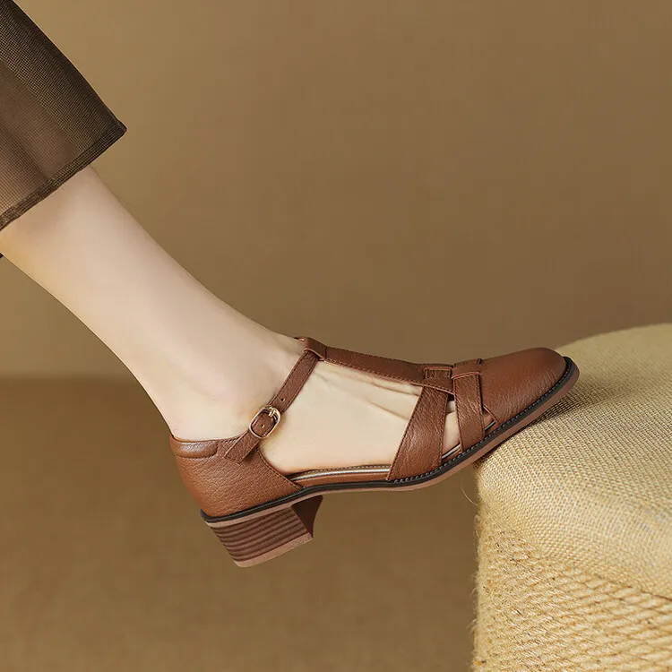 Retro sheepskin closed-toe Roman sandals for women, summer chunky heel, mid-heel, openwork woven clogs, size 5-27L