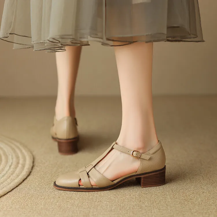 Retro sheepskin closed-toe Roman sandals for women, summer chunky heel, mid-heel, openwork woven clogs, size 5-27L