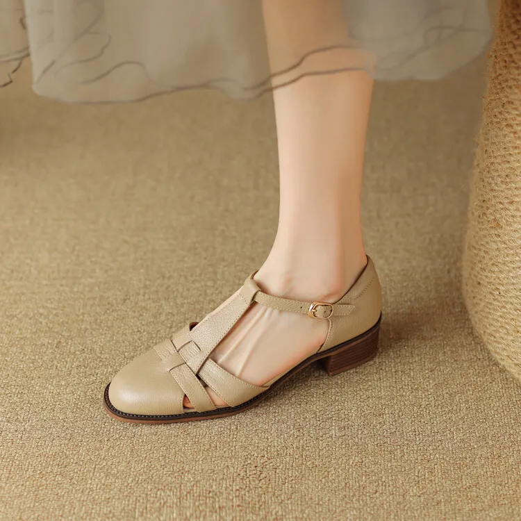 Retro sheepskin closed-toe Roman sandals for women, summer chunky heel, mid-heel, openwork woven clogs, size 5-27L