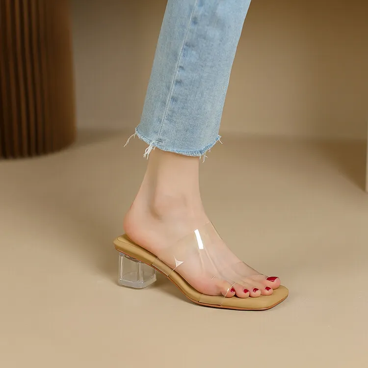 Extra soft, thick-soled, transparent mid-heel high-heeled sandals for women, perfect for summer wear, crystal heel chunky heel slippers, 6-2g