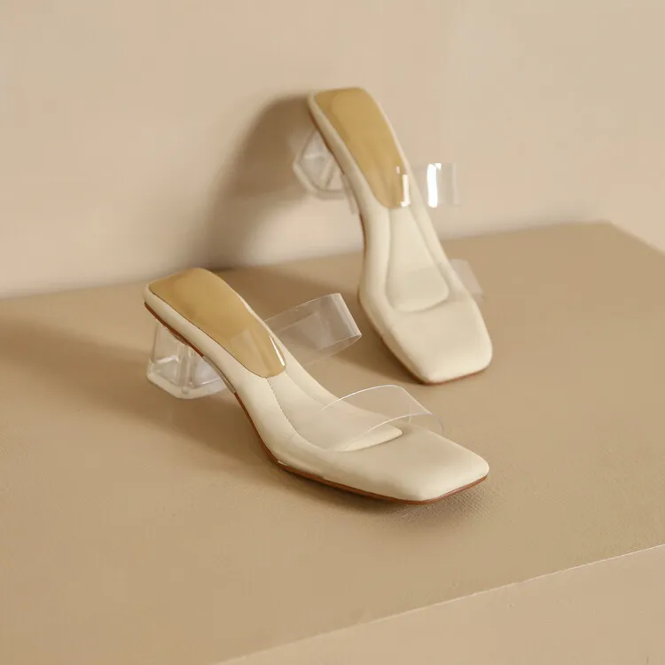 Extra soft, thick-soled, transparent mid-heel high-heeled sandals for women, perfect for summer wear, crystal heel chunky heel slippers, 6-2g