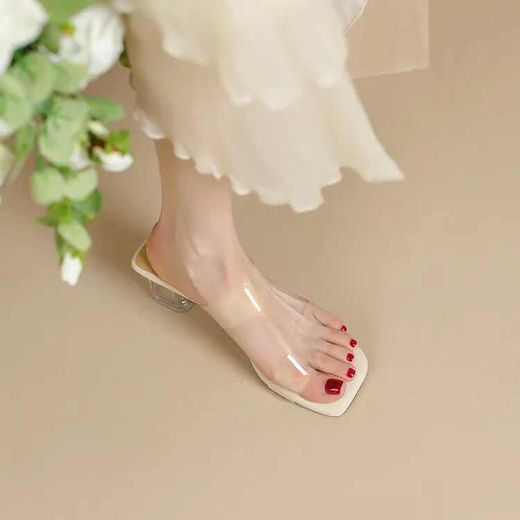 Extra soft, thick-soled, transparent mid-heel high-heeled sandals for women, perfect for summer wear, crystal heel chunky heel slippers, 6-2g