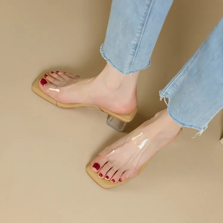 Extra soft, thick-soled, transparent mid-heel high-heeled sandals for women, perfect for summer wear, crystal heel chunky heel slippers, 6-2g