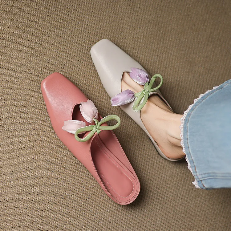 Summer fashionable and sweet style top-grain cowhide + sheepskin lining fashion slippers, low heel 2.5cm, size 34-41