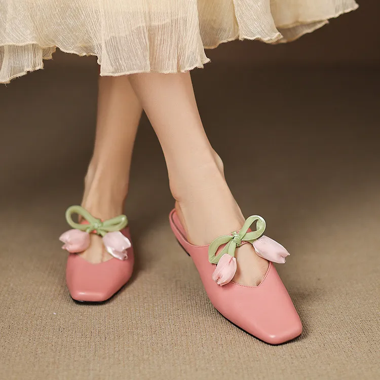 Summer fashionable and sweet style top-grain cowhide + sheepskin lining fashion slippers, low heel 2.5cm, size 34-41