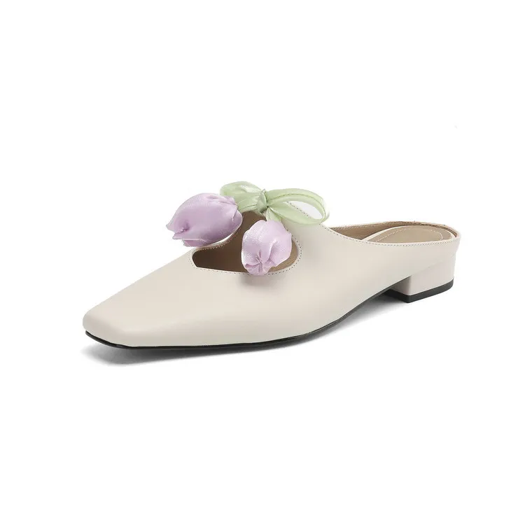 Summer fashionable and sweet style top-grain cowhide + sheepskin lining fashion slippers, low heel 2.5cm, size 34-41