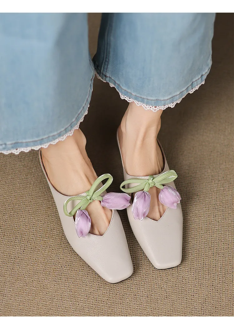Summer fashionable and sweet style top-grain cowhide + sheepskin lining fashion slippers, low heel 2.5cm, size 34-41