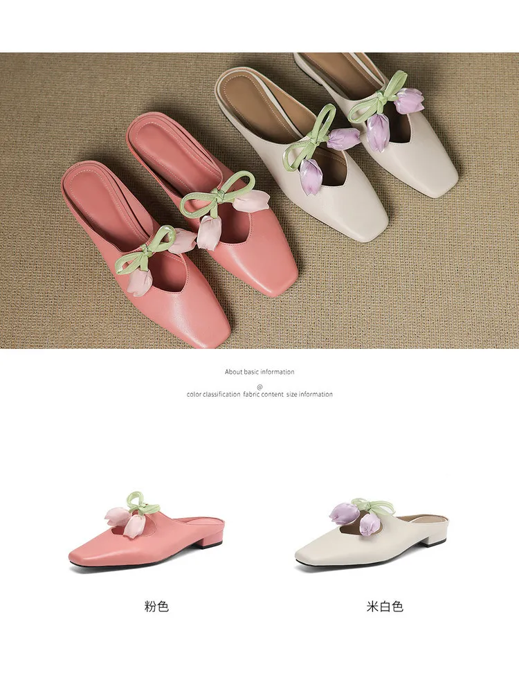 Summer fashionable and sweet style top-grain cowhide + sheepskin lining fashion slippers, low heel 2.5cm, size 34-41
