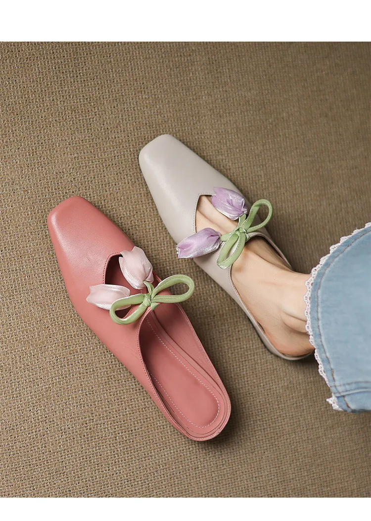 Summer fashionable and sweet style top-grain cowhide + sheepskin lining fashion slippers, low heel 2.5cm, size 34-41