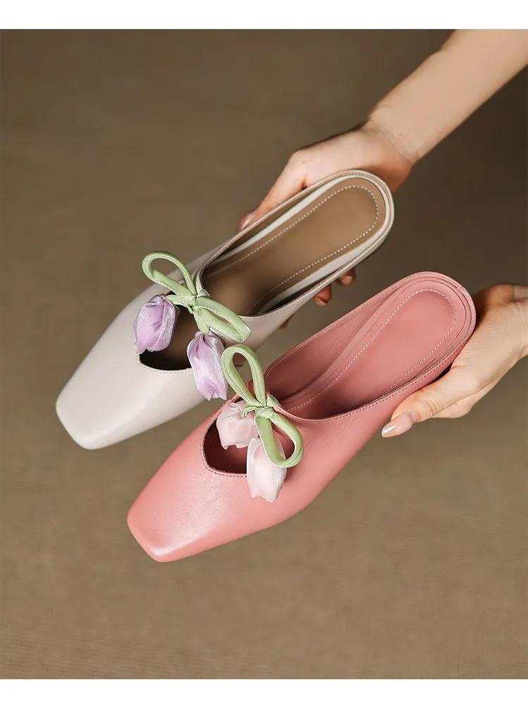 Summer fashionable and sweet style top-grain cowhide + sheepskin lining fashion slippers, low heel 2.5cm, size 34-41