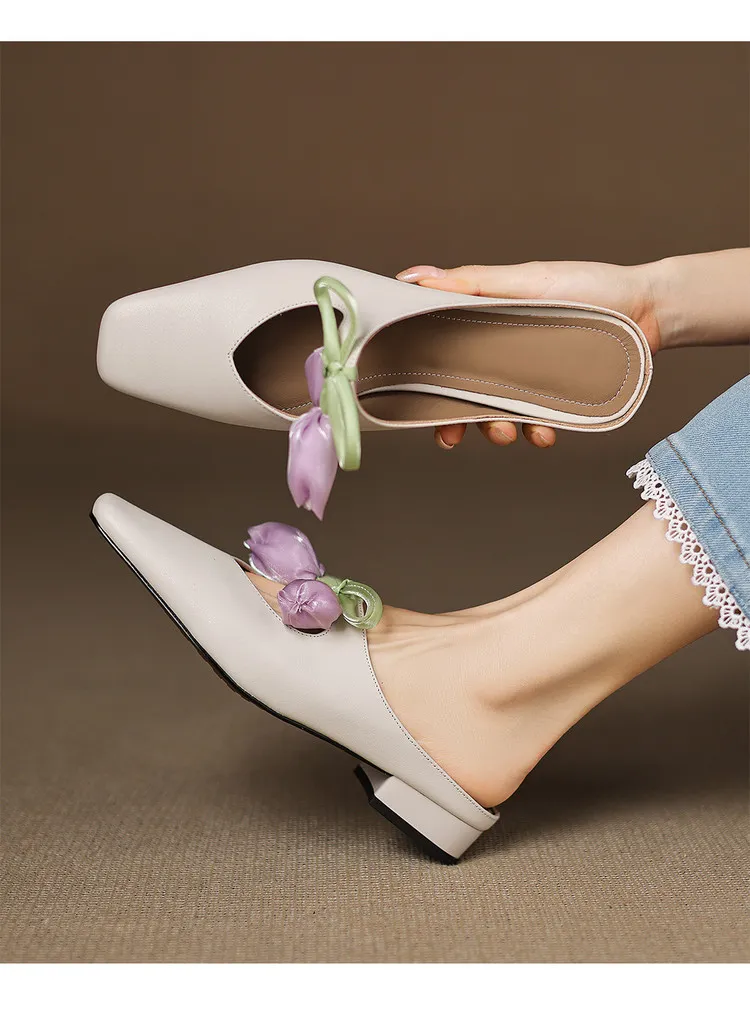 Summer fashionable and sweet style top-grain cowhide + sheepskin lining fashion slippers, low heel 2.5cm, size 34-41