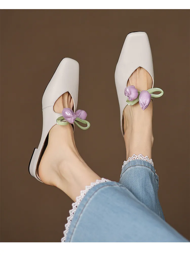 Summer fashionable and sweet style top-grain cowhide + sheepskin lining fashion slippers, low heel 2.5cm, size 34-41