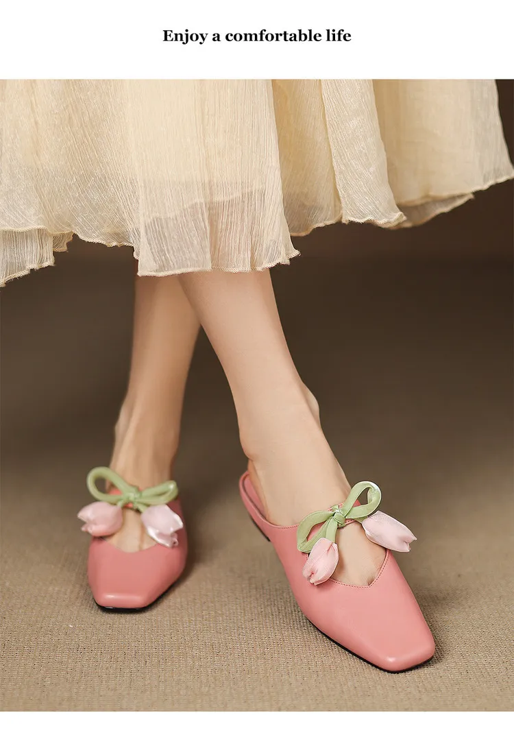 Summer fashionable and sweet style top-grain cowhide + sheepskin lining fashion slippers, low heel 2.5cm, size 34-41